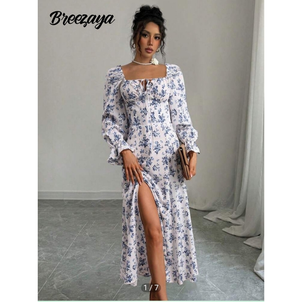 Floral Print Flounce Sleeve Front Slit Thigh Dress